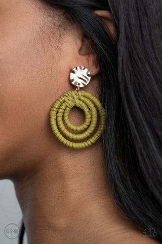 Whimsically Wicker - Green Clip-On Earrings